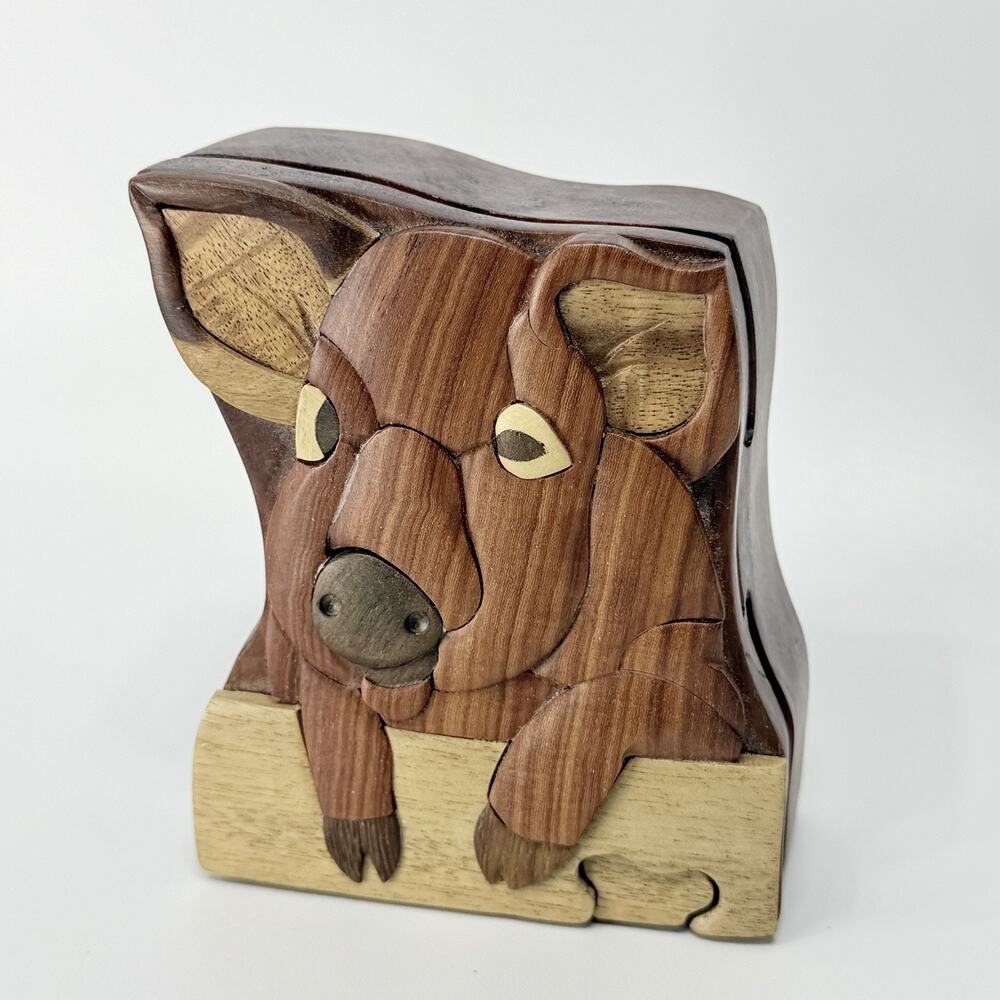 Vintage Wood Pig Puzzle Box Secret Closure Trinket Box Complete 4.5" Stash